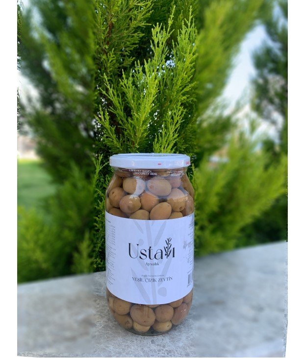 Ayvalık Doğal Fermente Sofralık Cam Kavanoz Yeşil Çizik Zeytin 1 KG