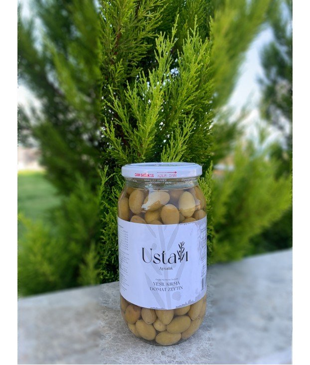 Ayvalık Doğal Fermente Sofralık Cam Kavanoz Yeşil Kırma Domat Zeytin 1 KG
